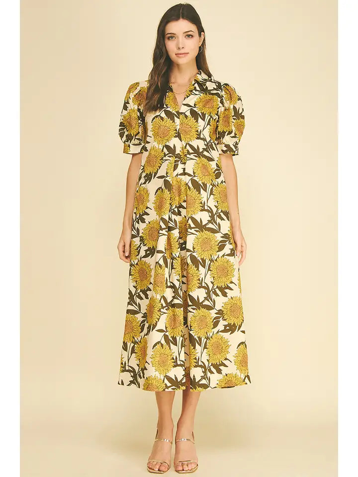 Golden Sunflower Puff Sleeve Midi Dress