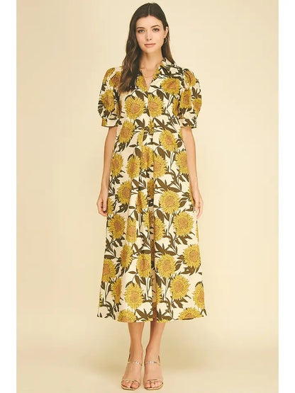 Golden Sunflower Puff Sleeve Midi Dress
