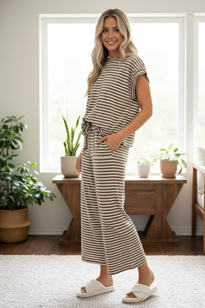 Striped Rib Top and Pants Lounge Set: TAUPE/CREAM