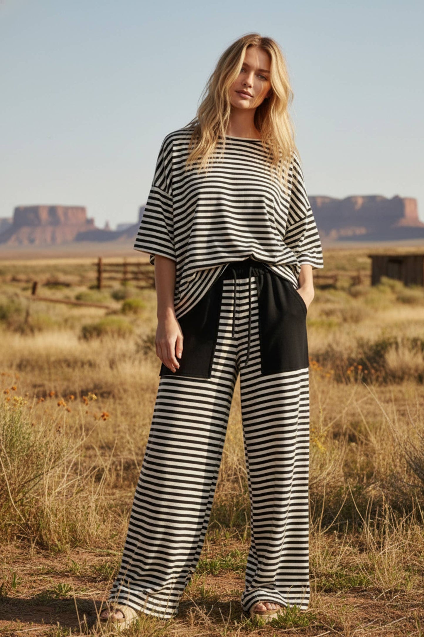 Ivory/Black Striped Knit Lounge Set