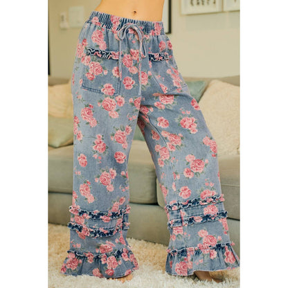 WASHED FLORAL DENIM WITH RUFFLE ELASTIC WIDE PANTS