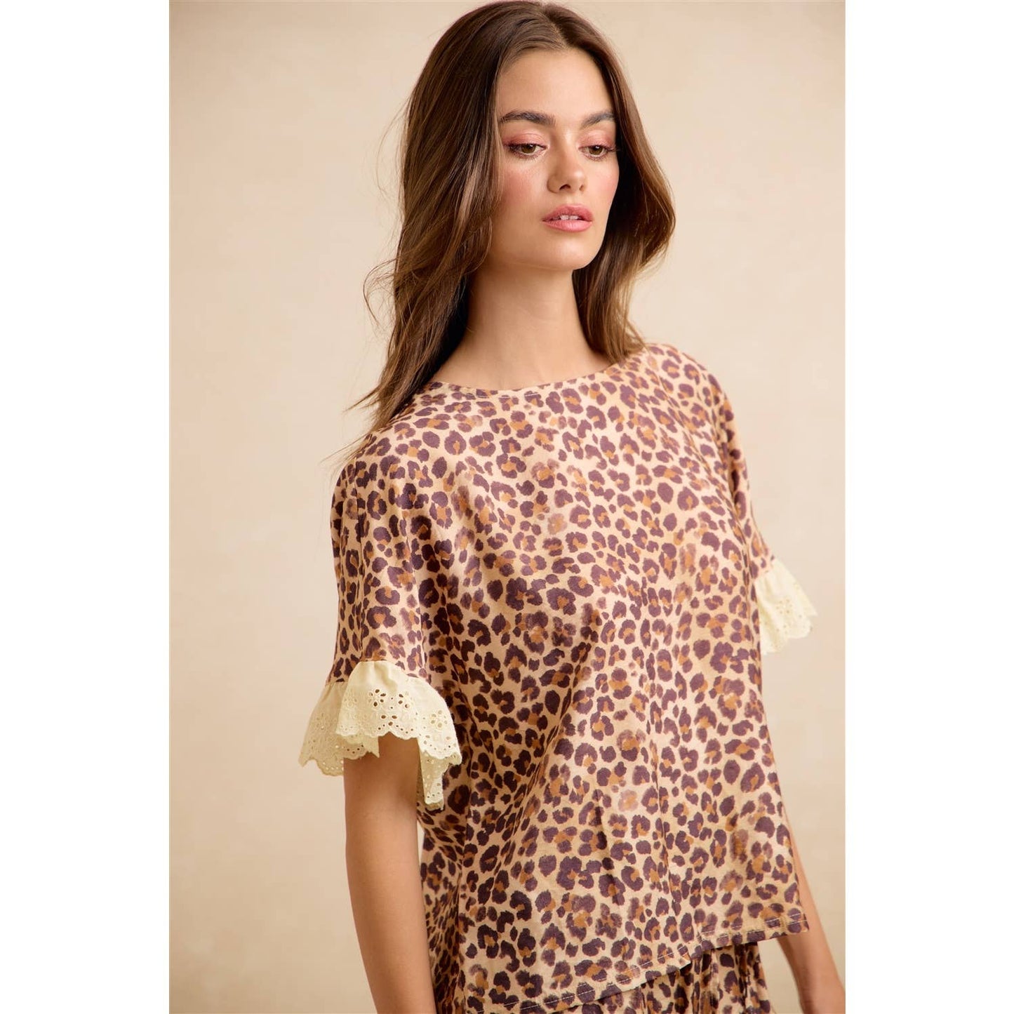 LEOPARD AND EYELET LACE RUFFLED TOP AND SHORTS SET
