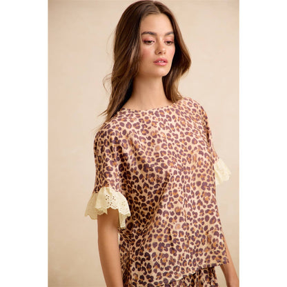 LEOPARD AND EYELET LACE RUFFLED TOP AND SHORTS SET