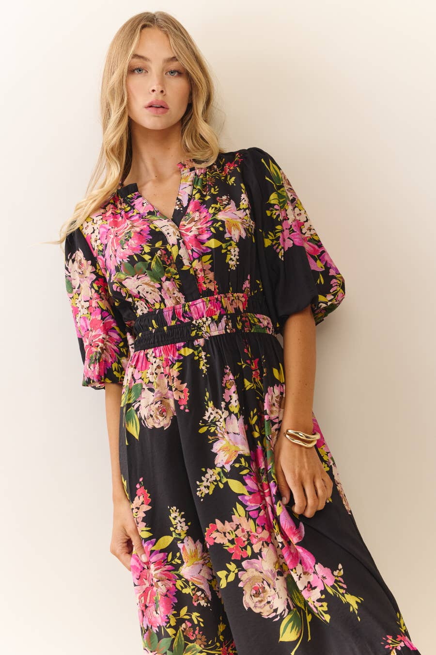 Black Floral Print Midi Dress