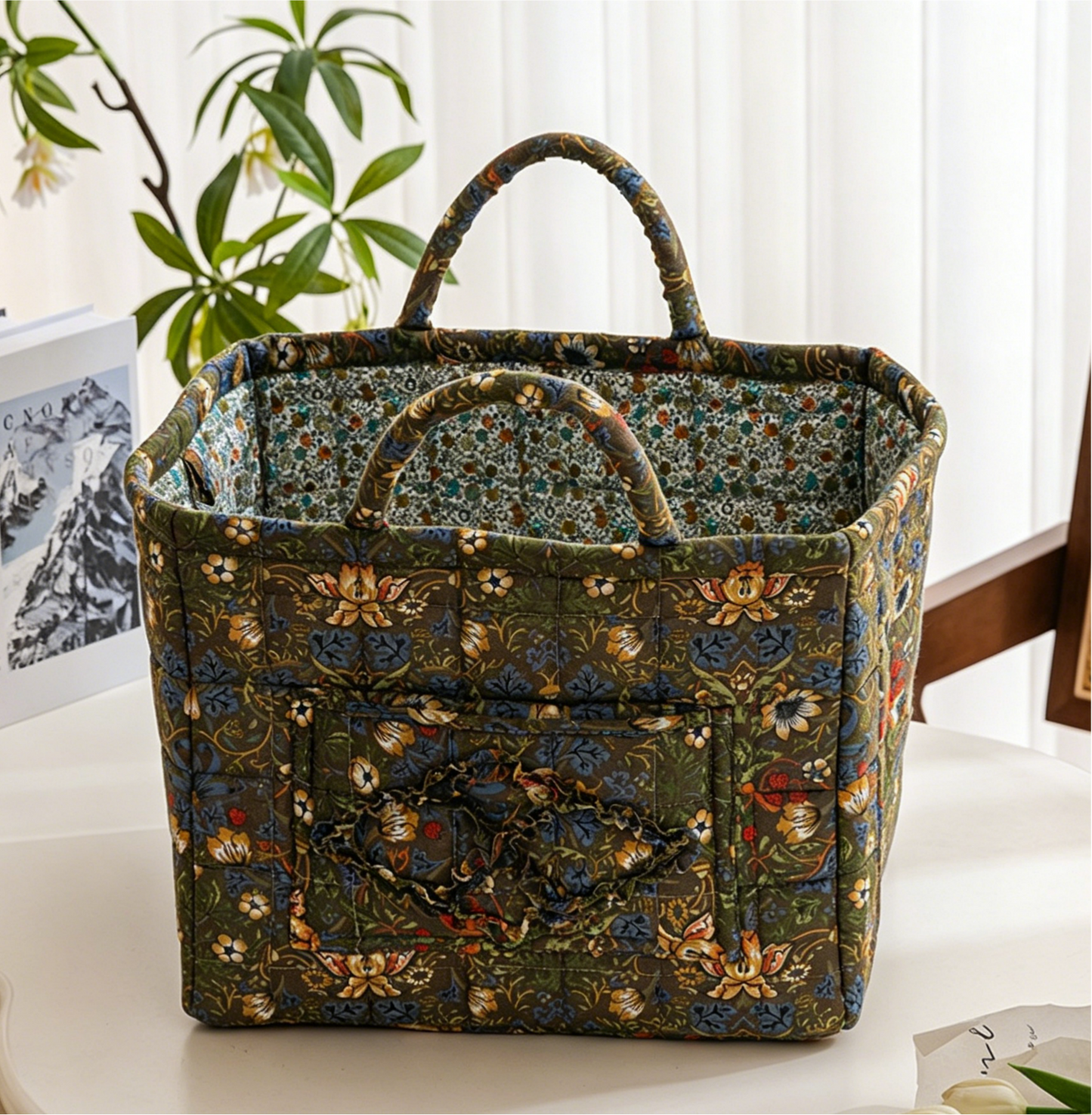 Green & Blue Quilted Storage Basket Boho Fabric Organizer Tote