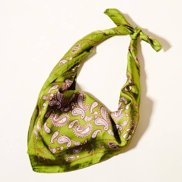 Cloud Flower print Women Neck Tie Wrap Satin Scarf: Olive