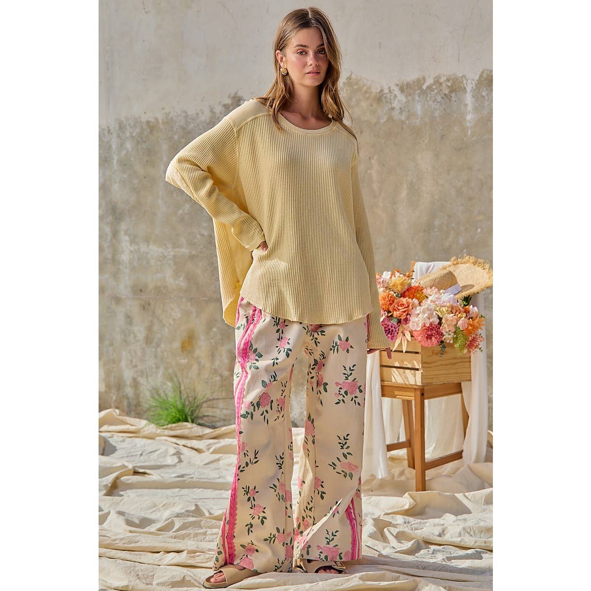 FLOWER PRINTED TWILL SIDE TRIM ELASTIC WAIST PANTS