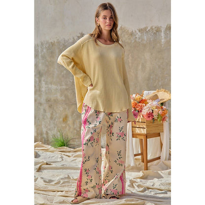 FLOWER PRINTED TWILL SIDE TRIM ELASTIC WAIST PANTS