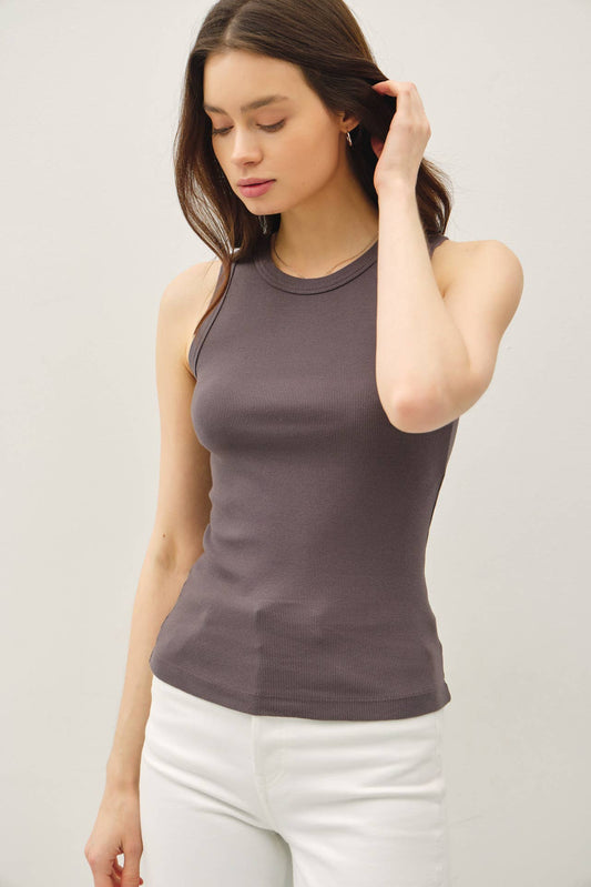 CHARCOAL BASIC COTTON GARMENT DYED ROUND NECK TANK