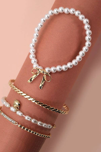 BOW PEARL RHINESTONE BAR STRETCH BANGLE SET | 80B137: GOLD