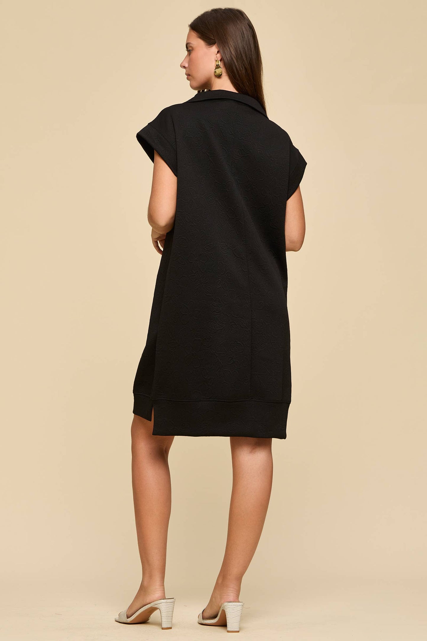 Half-Zip Jacquard Dress w/ Pockets: JET BLACK