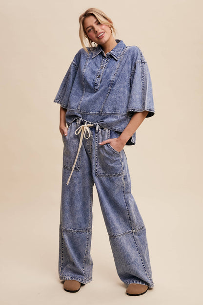 Wide-Leg Denim Drawstring Pants