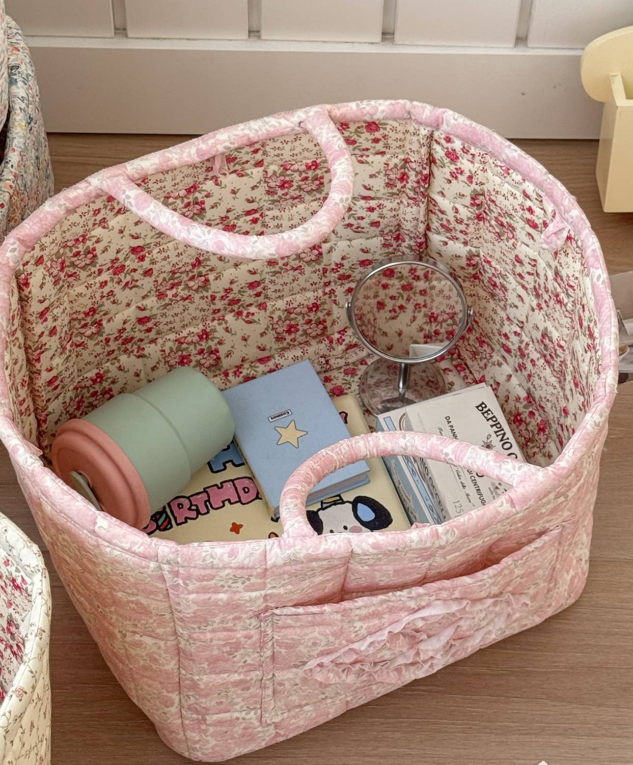 Pink Quilted Floral Laundry Basket Boho Storage basket