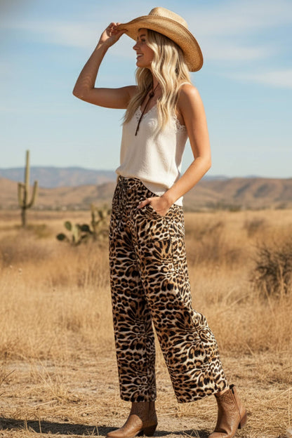Leopard Print Wide Leg Flowy Woven Pants