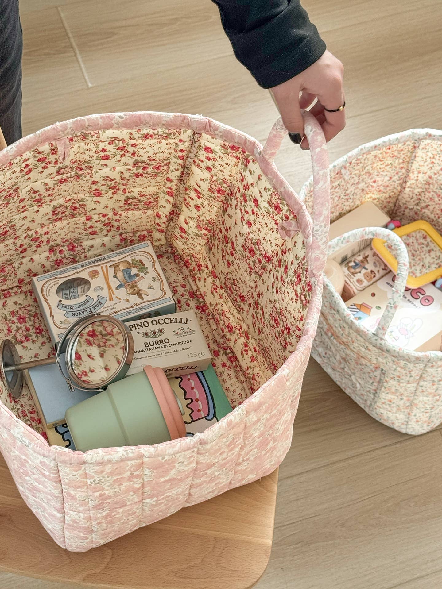 Pink Quilted Floral Laundry Basket Boho Storage basket