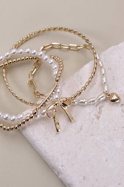 BOW PEARL RHINESTONE BAR STRETCH BANGLE SET | 80B137: GOLD