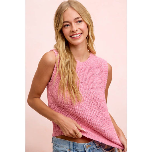 PINK TEXTURED KNIT TOP WITH SLEEVELESS RELAXED FIT