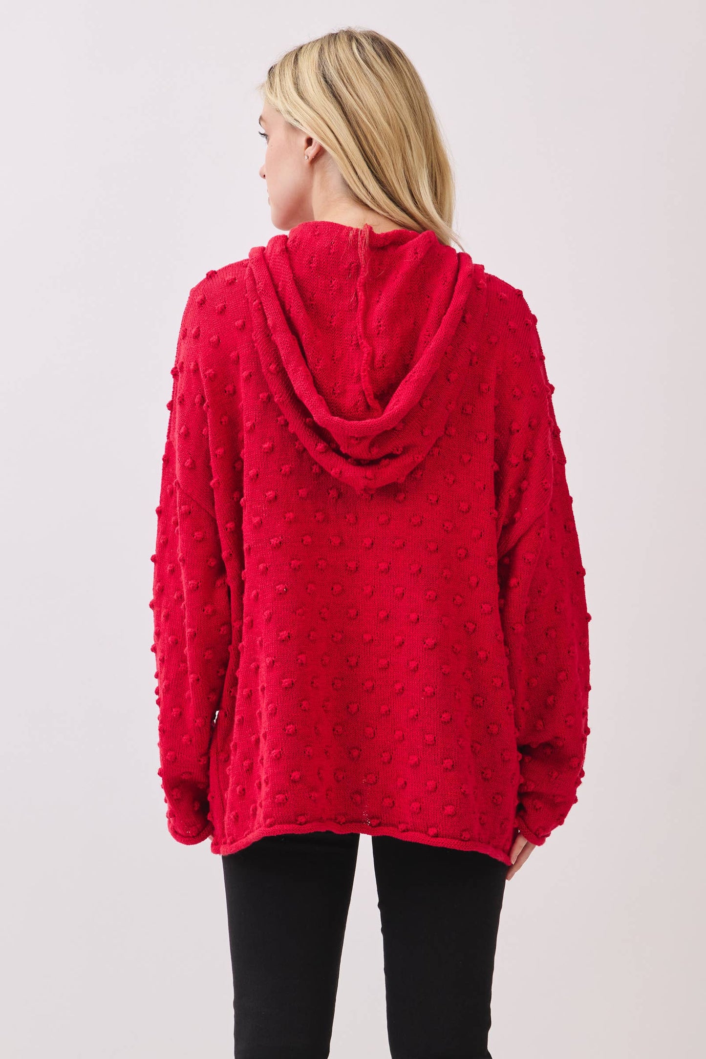 Red Oversized Popcorn Knit Textured Hoodie Pullover