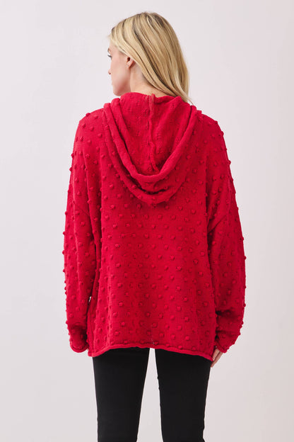 Red Oversized Popcorn Knit Textured Hoodie Pullover