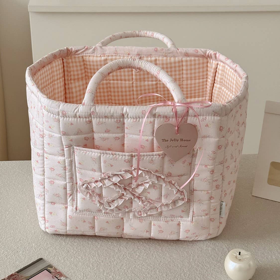 Pink Quilted Storage Basket Boho Organizer Tote