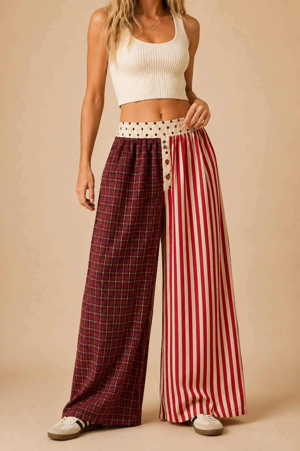 Red Multi Mixed Pattern Wide-Leg Trousers