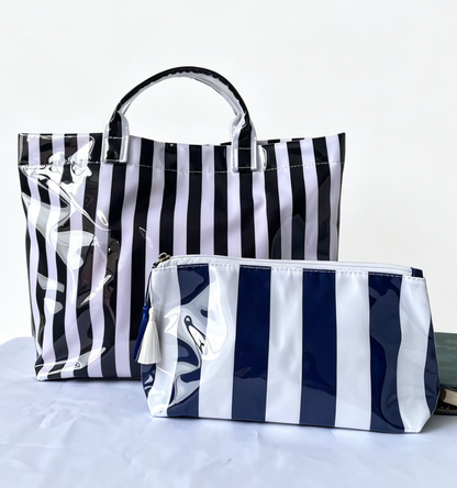 Colorful Color Block Striped Tote Bag Snap Waterproof Beach Bag Set