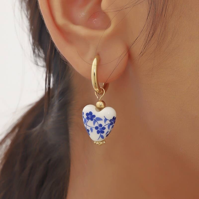BLUE CERAMIC PORCELAIN  GOLD PEARL DROP EARRINGS | 40E391: A