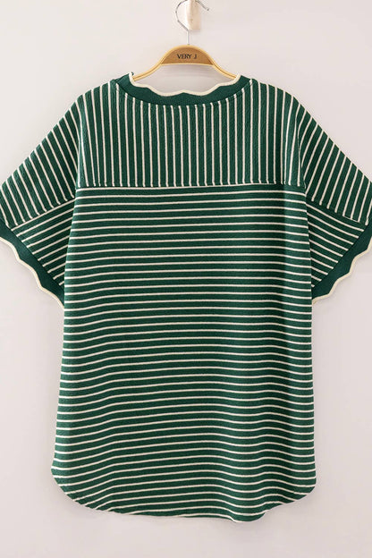 Scallop Trim Stripe Knit Top: GREEN STRIPE
