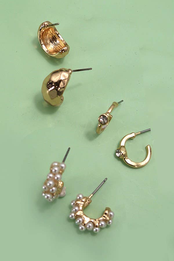 TRIO PEARL DIAMOND CUT HUGGIE HOOP EARRINGS | 80E3935: Gold