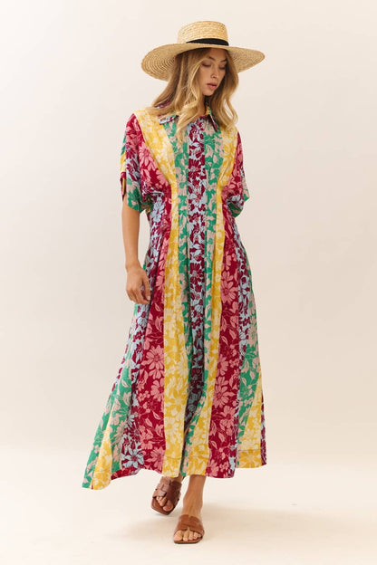 Mixed Floral Print Button-front Midi Dress: Floral Medley