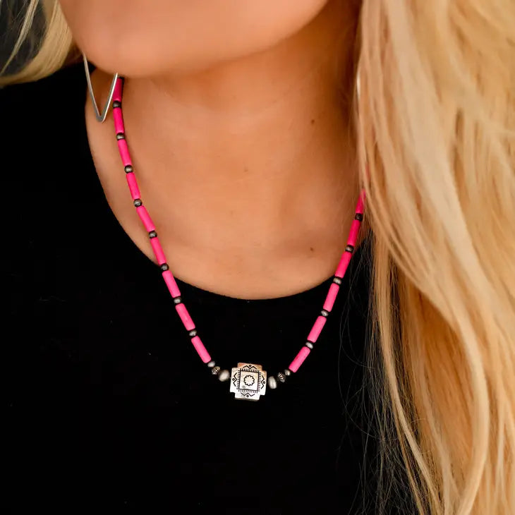 16" Pink Tube Bead Necklace with Southwestern Bead Accent