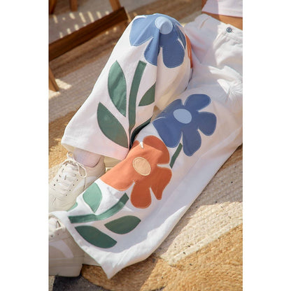 RETRO FLORAL APPLIQUE WIDE LEG COTTON PANTS: OFF WHITE
