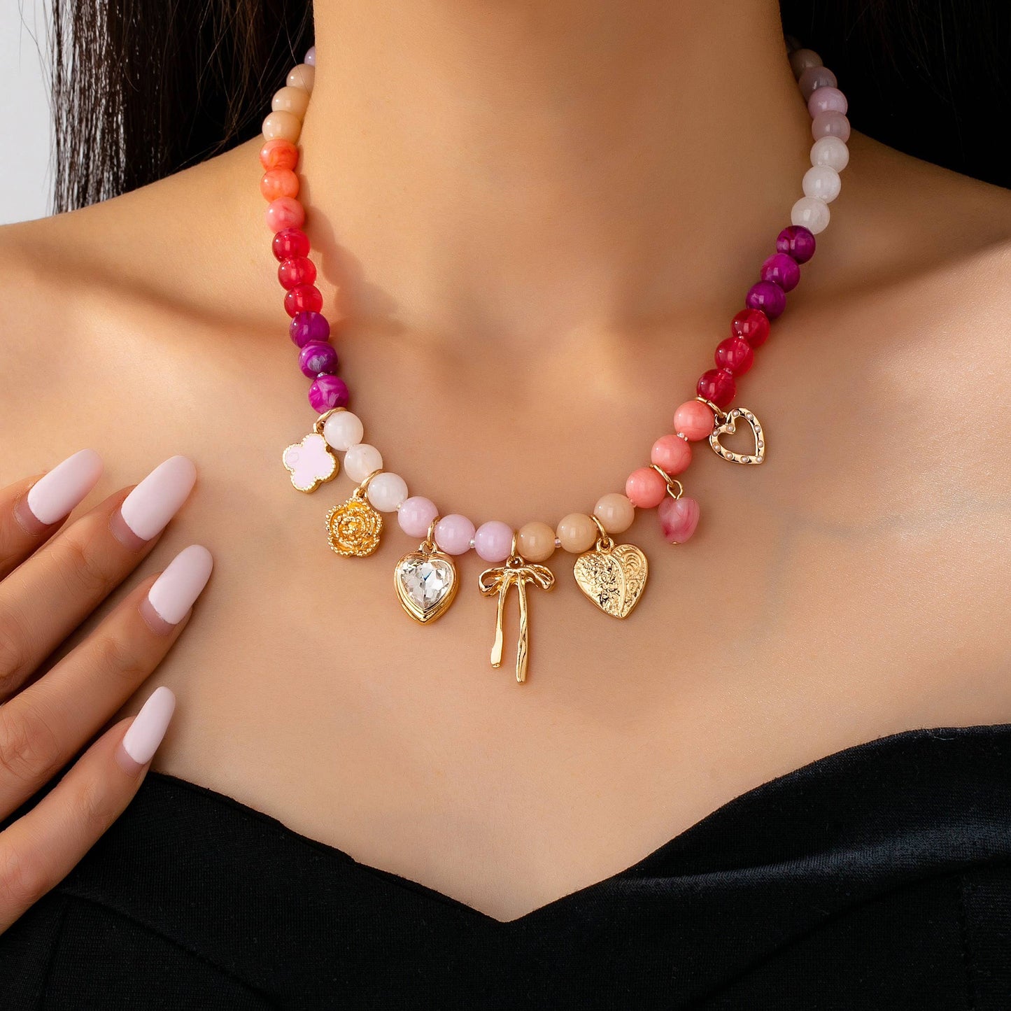 Pastel Beaded Bow Heart Flower Charm Necklace | 80N92704: GOLD
