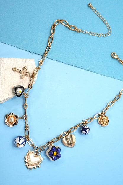 BLUE CERAMIC PORCELAIN HEART CROSS CHARM NECKLACE | 80N91624: GOLD