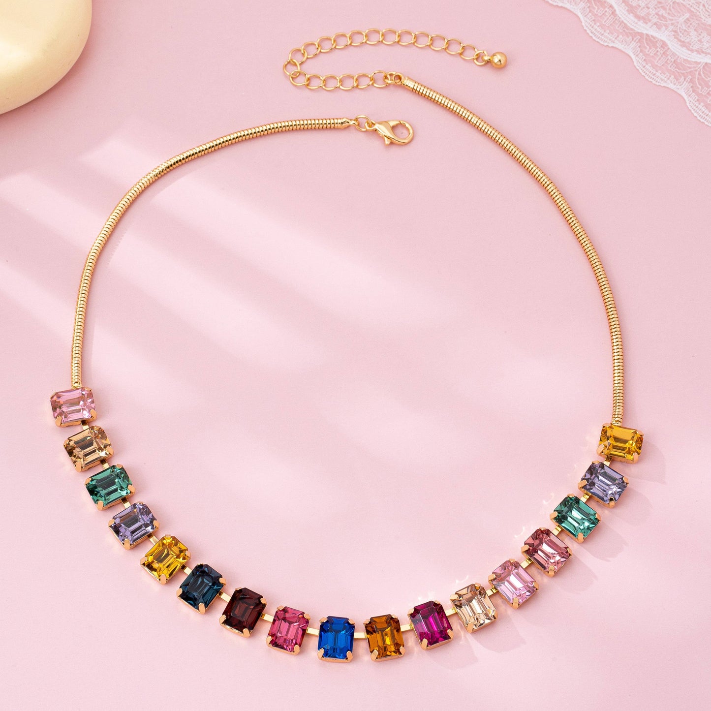 Rainbow Emerald-Cut Gemstone Statement Necklace | 80N92825: Gold