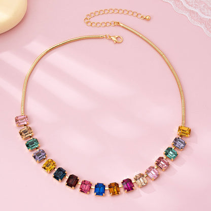 Rainbow Emerald-Cut Gemstone Statement Necklace | 80N92825: Gold