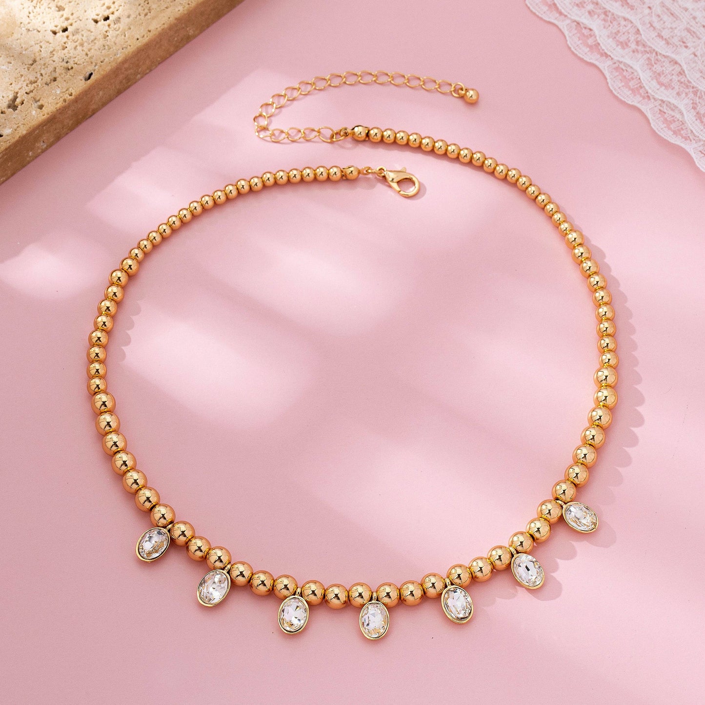 Oval Stone Beaded Ball Chain necklace | 80N92776: GOLD