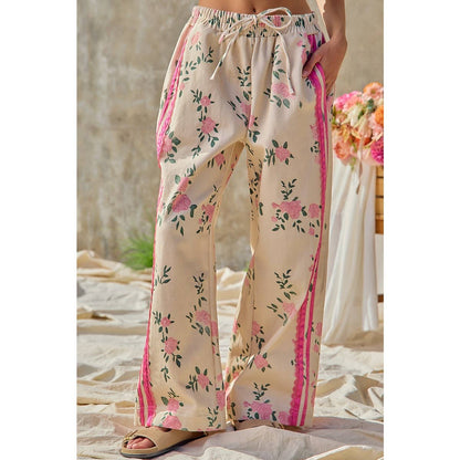 FLOWER PRINTED TWILL SIDE TRIM ELASTIC WAIST PANTS