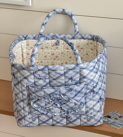 Blue Plaid Quilted Storage Basket Boho Organizer Tote