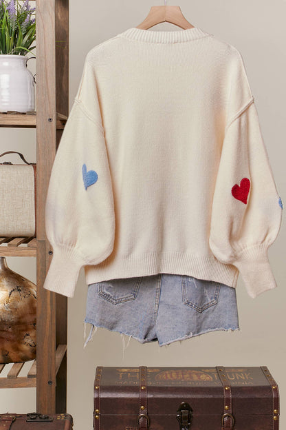 Heart Shaped Patterns Front Round Neck Sweater