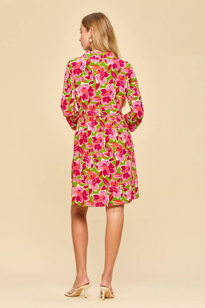 Floral Print Collared Shirt Dress w/ Pockets: LIME PINK