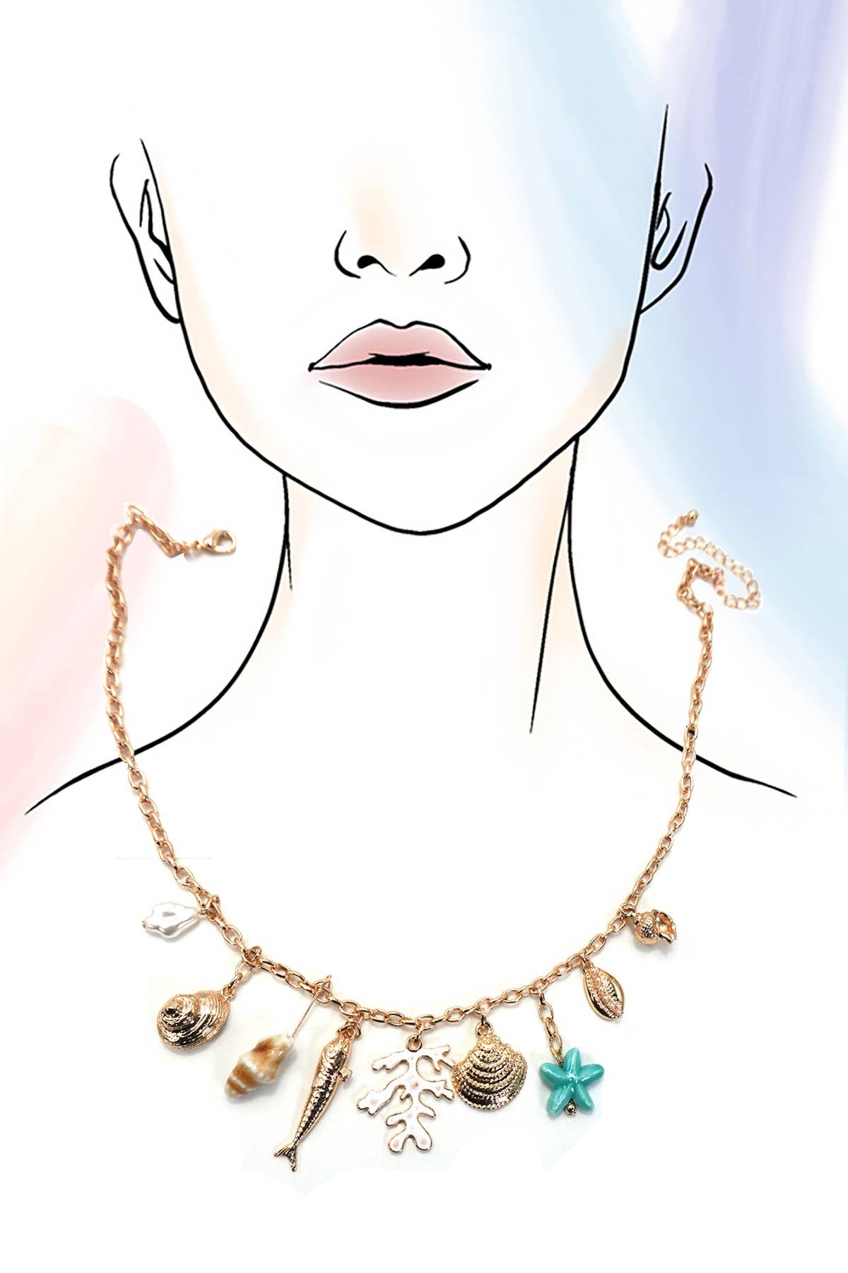 CHARM NECKLACE-FISH PUKA SEASHELL STAR FISH | 80N91680: Gold