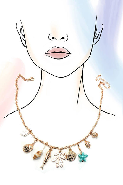 CHARM NECKLACE-FISH PUKA SEASHELL STAR FISH | 80N91680: Gold