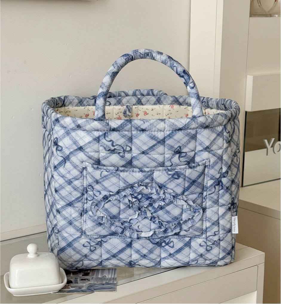 Blue Plaid Quilted Storage Basket Boho Organizer Tote