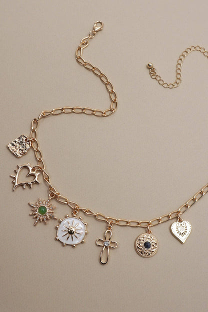 CHARM NECKLACE-HEART CROSS SUNBURST STONE | 80N91423: Gold