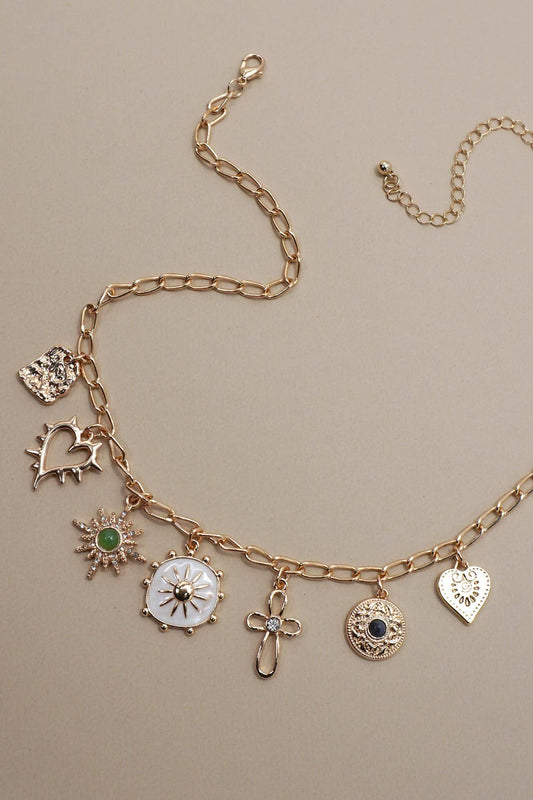 CHARM NECKLACE-HEART CROSS SUNBURST STONE | 80N91423: Gold