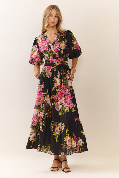 Black Floral Print Midi Dress