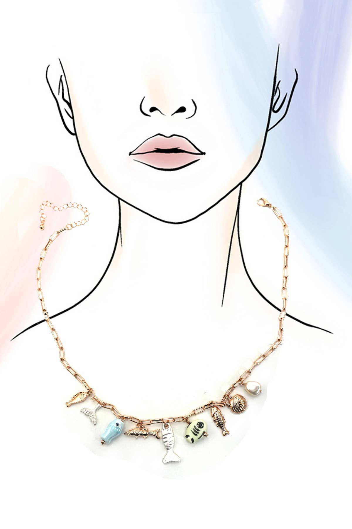 CHARM NECKLACE-OCEAN PORCELAIN FISH SEASHELL | 80N92142: GOLD