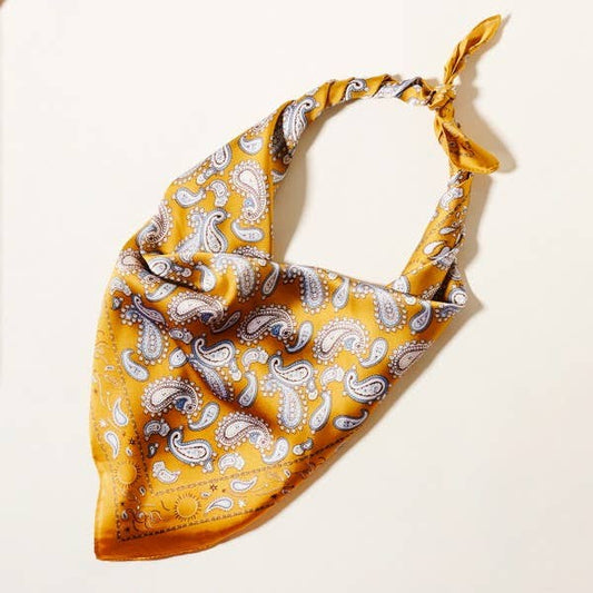 Cloud Flower print Women Neck Tie Wrap Satin Scarf: Mustard