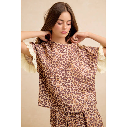 LEOPARD AND EYELET LACE RUFFLED TOP AND SHORTS SET